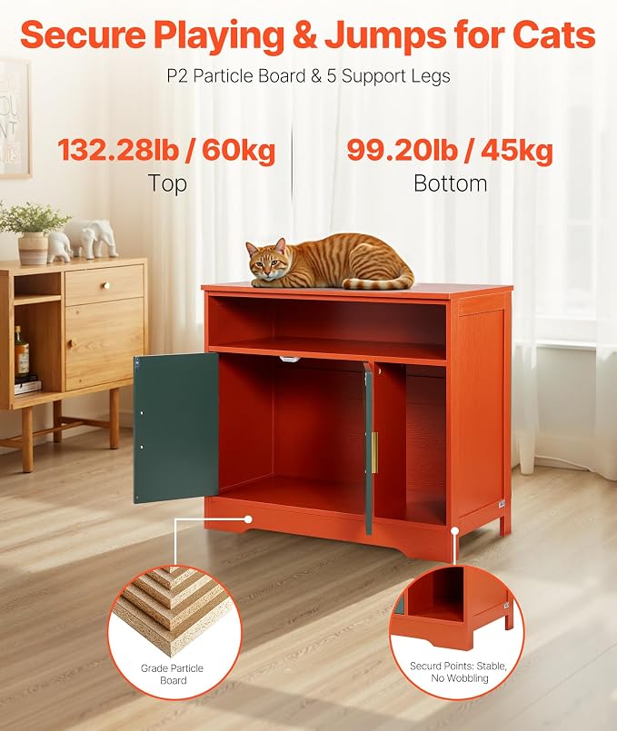 VEVOR Cat Litter Box Enclosure, 31 in Hidden Litter Box Cabinet with Shelf & Storage, Modern Style Indoor Cat Washroom, Wooden Kitty House Furniture End Table, Fit Most Litterboxes, Red & Green - Image 3