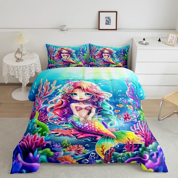 Manfei Mermaid Bed Comforter Set Queen Size,Watercolor Ocean Animal Dreamy Fairy Tale Super Soft Bedding Set for Adults Teens,Undersea Colorful Coral Neon Mermaid Scale Comforter Set,2 Pillows by Manfei