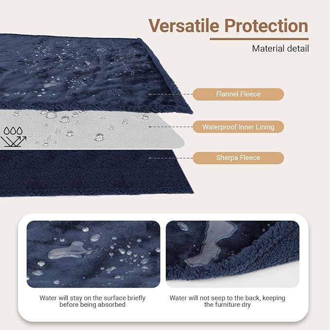 Waterproof Dog Blanket for Large Dogs - Reversible Washable Pet Blanket, Soft Sherpa Fleece Furniture Protector, Cat Throw Bed Couch, Navy,50"x60" - Image 3