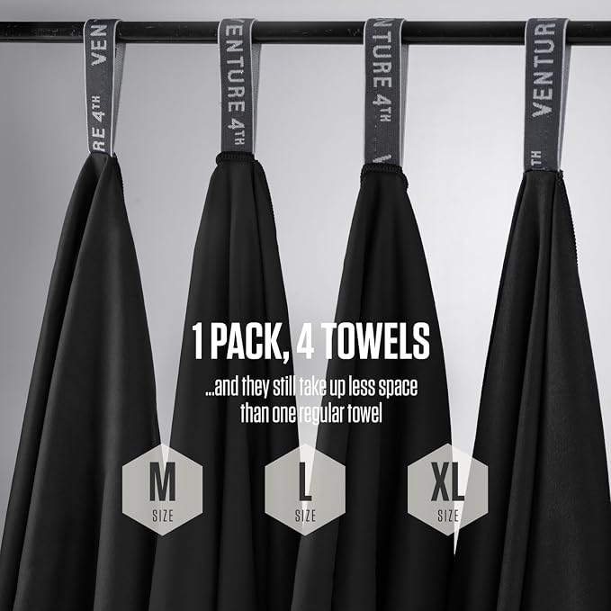 VENTURE 4TH 4-Pack Quick Dry Microfiber Towels - Black Extra Large | Absorbs 7x more than cotton. Fast-drying, odor-resistant microfiber. Lightweight, compact & easy to pack for any trip. - Image 2