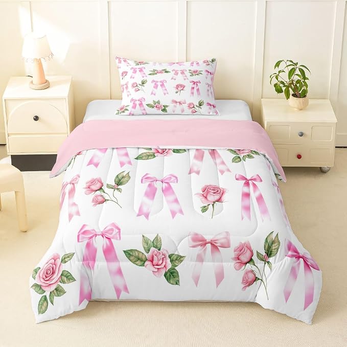 Manfei Floral Bowknot Comforter Set,Pink Bow Tie Print Bedding Set Kids Teens Modern Decor,Dreamy Princess Style Flower Comforter with 1 Pillowcase for All Seasons,Twin - Image 3