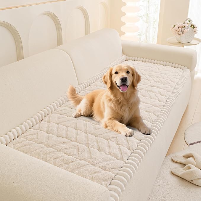 STACYPIK Fuzzy Thick Pet Couch Cover for Dogs Washable, Non Slip Beige Sofa Covers for 3 Cushion Washable Pet Friendly, Soft Plush Bed Mat Blanket for Couches Pets-Friendly Protector-35.4X82.7IN by STACYPIK