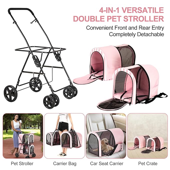 Double Pet Stroller for Dogs and Cats with 2 Detachable Carrier, Quick-Folding Dog Stroller for Medium Small Dogs Cats, 4 Wheels, Light Pink