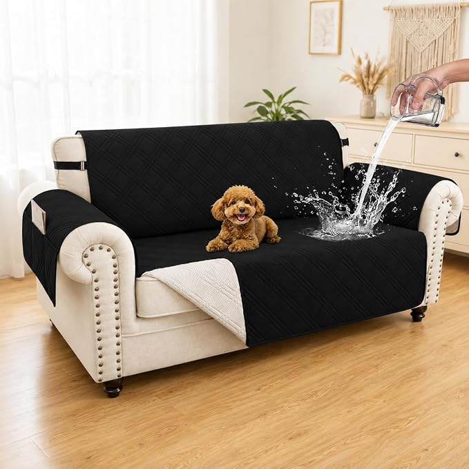 100% Waterproof Couch Cover for Dogs, Anti-Slip Washable Sofa Cover with Elastic Straps & Side Pockets, Durable Furniture Protector for Kids & Pets (Loveseat 46", Black) by Unknown
