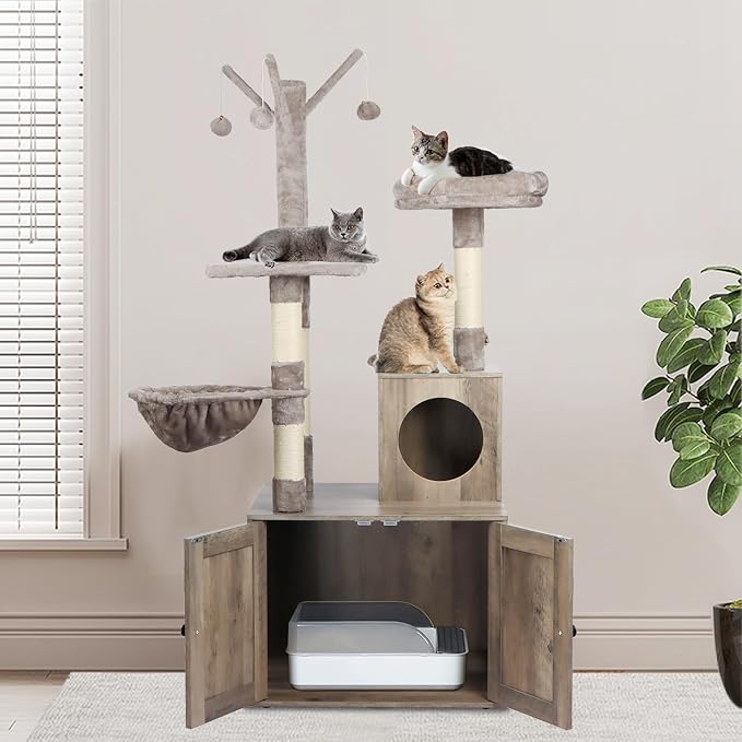 Timberer Litter Box Enclosure with Cat Tree, 2-in-1 Cat Tree Tower, Hidden Cat Litter Box Furniture with Scratching Post, Modern Cat Condo, Grey - Image 8