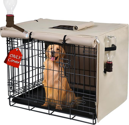 Dog Crate Cover Heavy Duty Oxford Fabric for 24-Inch Wire Crates | Beige Kennel Cover Only, Fits 1 & 2 Door Wire Cages, Provides Privacy & Comfort Space, Includes Water Bottle Sipper Tube by Peipaws