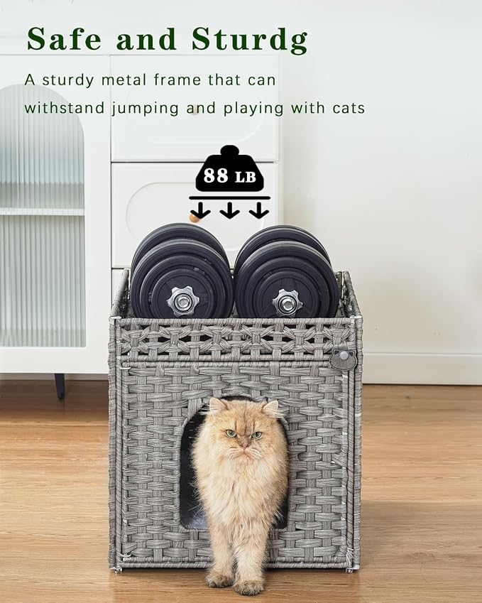 SETVSON Cat Houses for Indoor Cats Extra Large Double Cat Cave, Gray | Spacious Multi-Cat House, Furniture End Table Look, Soft Washable Cushion, Sturdy Metal Frame, 18.5x20.5x19.1 In Woven Cube - Image 3