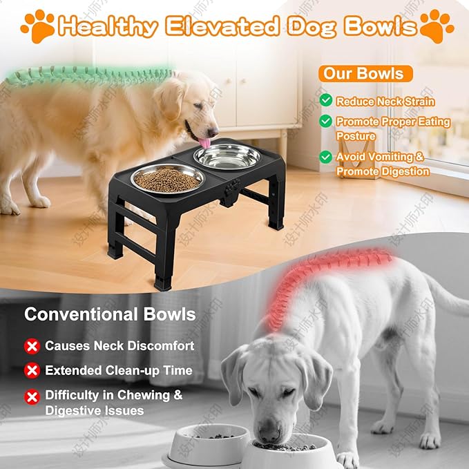 Elevated Dog Bowls for Large Dogs 5 Adjustable Heights 7.5"-15.4", 2 X-Large 10” Stainless Steel Bowls, Heavy Duty Raised Dog Bowl Stand Foldable Pet Feeder for Dogs Shoulder Height Over 15”, Black - Image 4