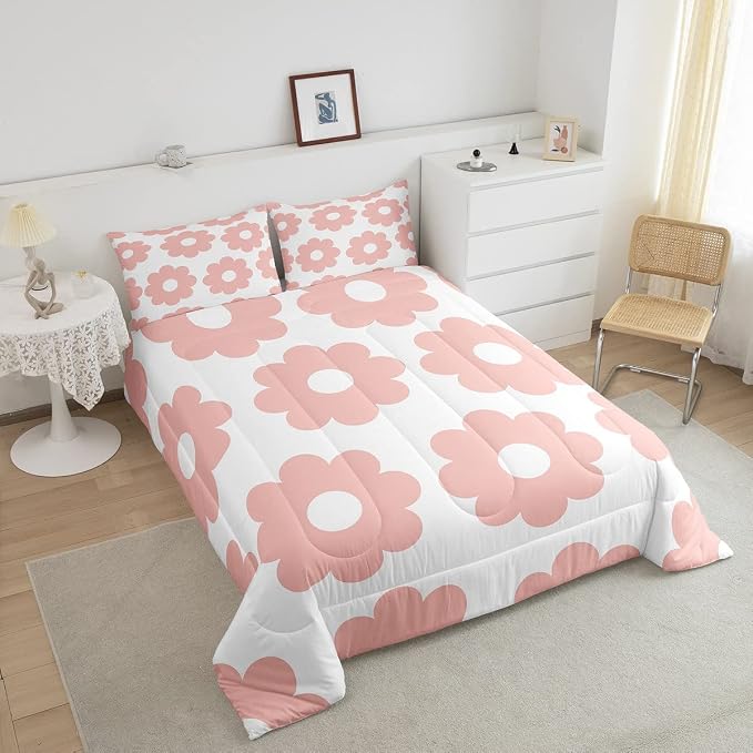 Manfei Girly Pink Bedding Set for Boys Girls, 70s Groovy Daisy Flowers All Season Cozy Comforter Set Full Size, Cute Cartoon Floral Duvet Set Bedroom Décor,Gift for Kids - Image 3