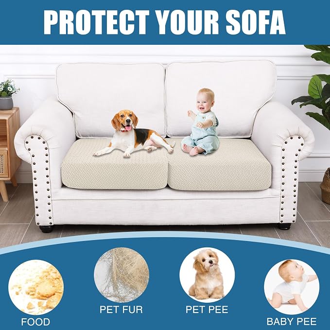 Smiry Waterproof Couch Cushion Covers, Non Slip Seat Cushion Covers | Stretch Jacquard Sectional Sofa Slipcover, Washable Elastic Furniture Protector for Pets, Kid, 2 Pieces, Apricot - Image 5