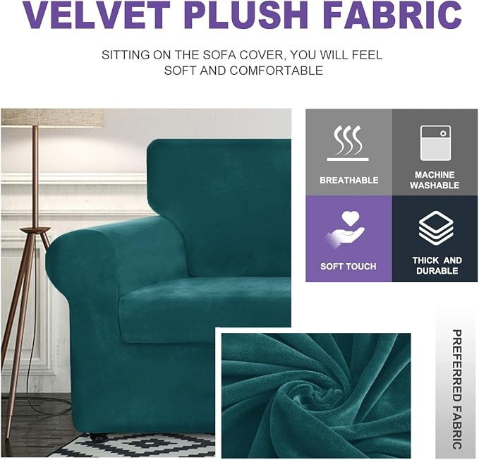 ZNSAYOTX Luxury Velvet Sofa Cover 3 Piece (57"-70") Stretch Loveseat Covers for 2 Cushion Couch Thick Soft Couch Slipcover with Non Slip Strap, Dog Pet Friendly Nice Furniture Protector (Deap Teal) - Image 3