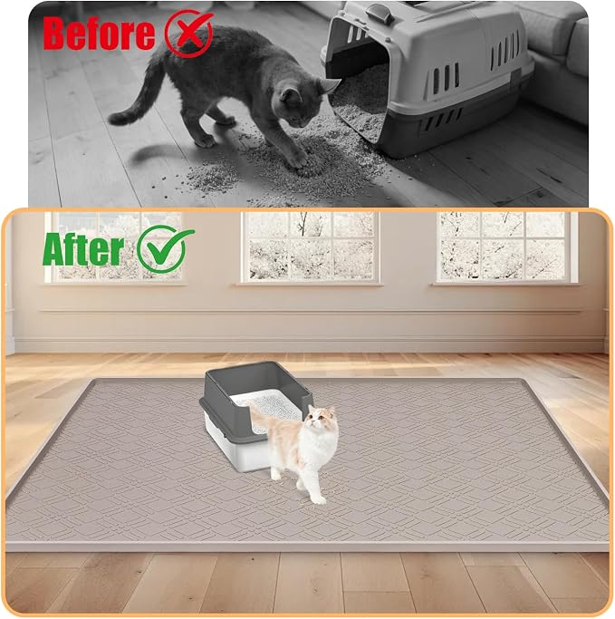 Silicone Cat Litter Mat 42" x 29" Cat Mat for Litter Box, Khaki | Extra Large Cat Litter Trapping Mat for Floor, Waterproof, Non-Slip Kitty Litter Box Mat with Raised Edge, Easy to Clean - Image 4