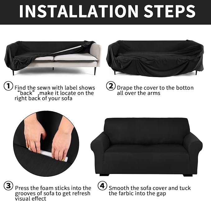 Peryiter 2 Pcs Sofa Covers Couch and Loveseat Covers Set Stretch Sofa Slipcover for Living Room Armchair Furniture Protector, Wrinkle Proof(Black,Milk Silk) - Image 4