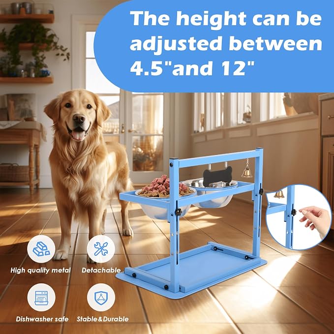 SHAINFUN Blue Raised Dog Bowl Stand with Two 1700ml Stainless Steel Food Bowl, a Slow Feeder and Spill Proof Mat, Adjustable Elevated Dog Bowls for Large Medium and Small Breeds - Image 2
