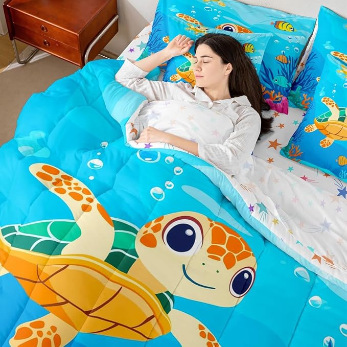 Erosebridal Kids Sea Turtle King Size 7-Piece Bedding Set, Marine Life Tortoise Comforter Set with Sheets, Underwater World Sea Animal Bed in A Bag, Colourful Coral Bedding Comforter Sets - Image 7