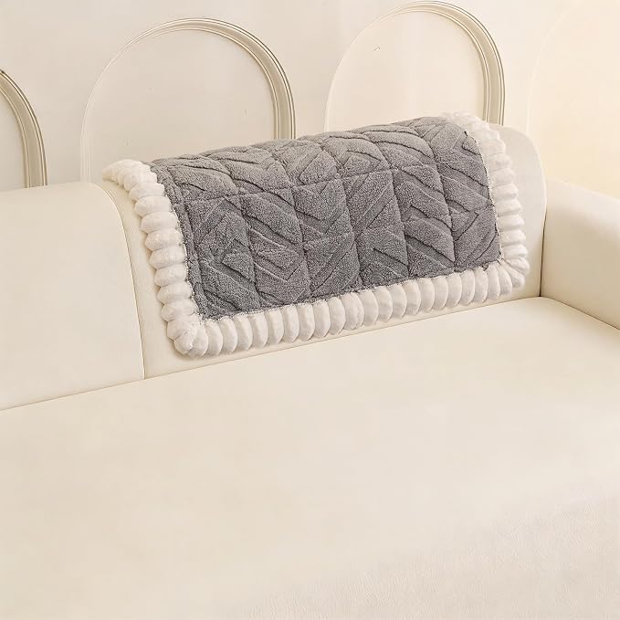 STACYPIK Non Slip Thickened Gray Sofa Cover, Arm Headrest Cover Washable, Fuzzy Plush Recliner Slipcovers Couch Protector for Dogs, Pet-Friendly Herringbone Pattern Couch Bed Mat Cover-35.4X35.4IN - Image 2