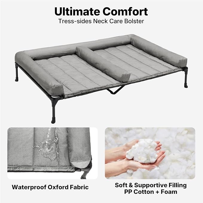 Veehoo Elevated Dog Bed for Two Dogs, Cooling Raised Dog Bed with Removable Waterproof Bolster Mat, 53" x 37.5" Double Dog Bed, Outdoor & Indoor Pet Cot with Breathable Mesh, Non-Slip Feet, Grey - Image 3