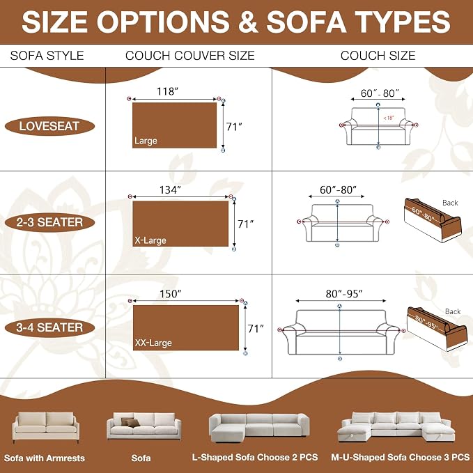 STACYPIK Vintage Floral Couch Covers, Caramel Brown Jacquard Sofa Cover | 71"x134" X-Large, Non Slip, Soft Breathable, Furniture Protector, Reversible, Sectional/L Shape Sofa Slipcovers Washable - Image 4