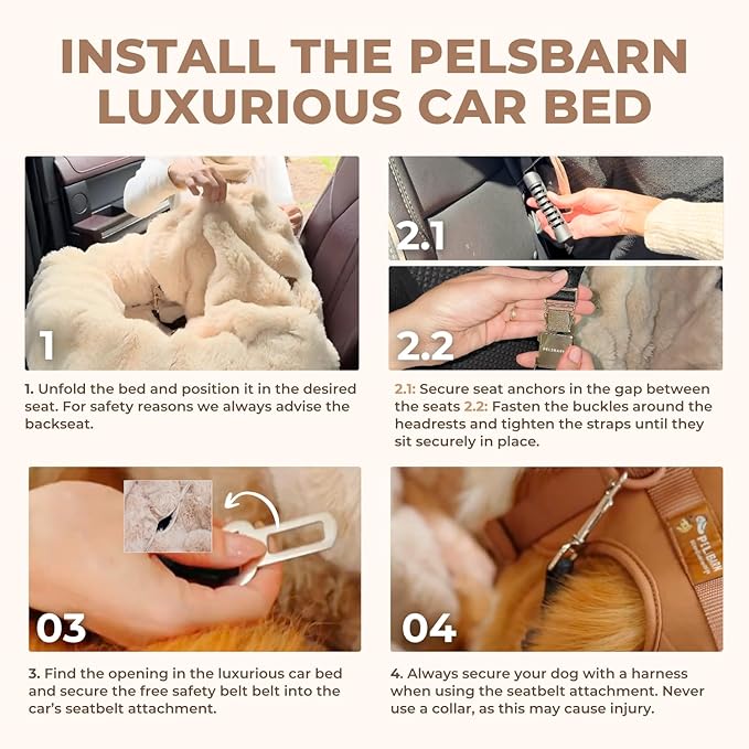 Pelsbarn Luxurious Cozy Car Bed - M/L Luxury Travel Dog Bed with Safety Belt - Ultra Soft Faux Fur - Beige