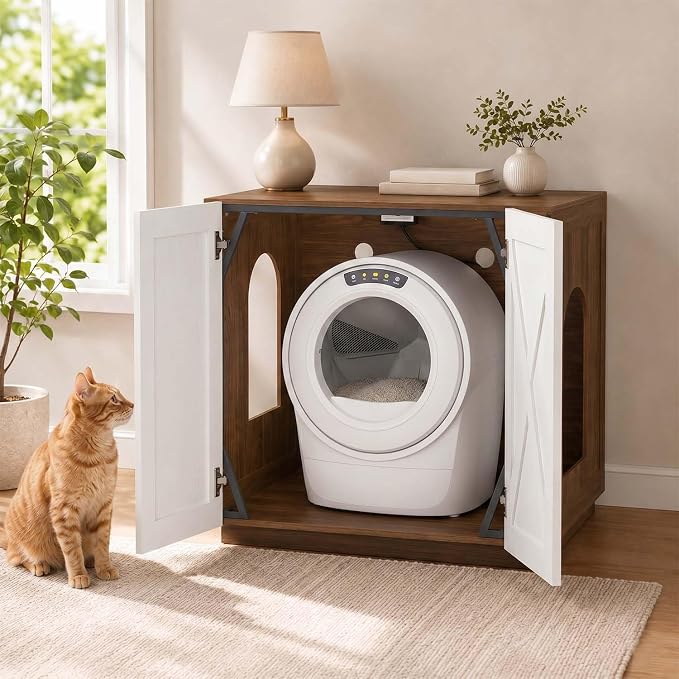 unipaws Cat Litter Box Enclosure for Self-Cleaning & Automatic Litter Boxes | Extra Large Cabinet with Charging Station, Wooden Dog Proof Hidden Cat House for Top Entry Litter Box - Image 7