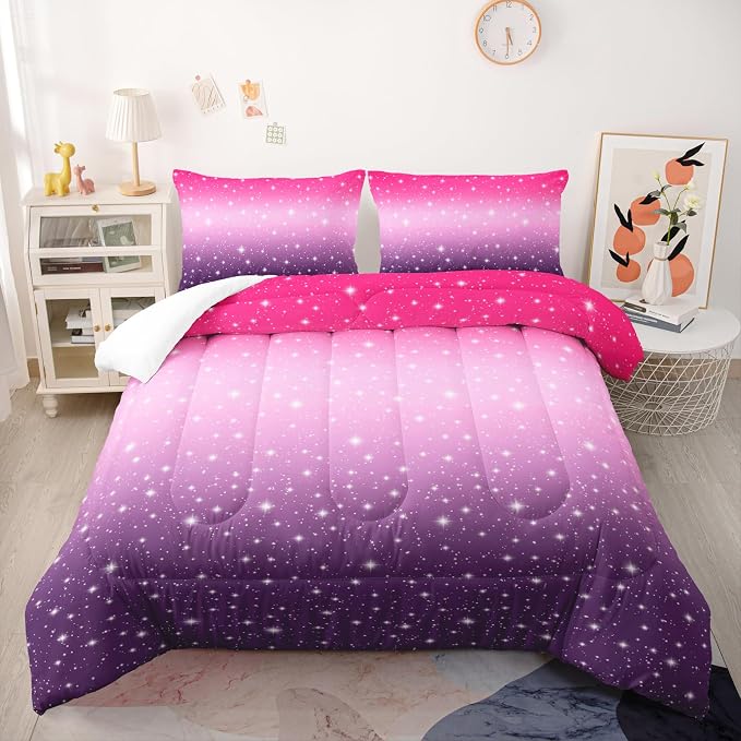 Nttopship Pink Purple Glitter Comforter Set Twin Size 3 Pieces Bed in A Bag for Teen Girls,Pink Violet Gradient Bedding Set,Rainbow Colorful Tie Dye Bedroom with 1 Comforter and 2 Pillowcases - Image 2
