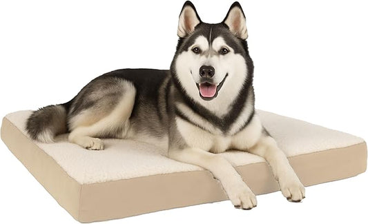 Orthopedic Dog Bed - 2-Layer Memory Foam Crate Mat with Machine Washable Sherpa Cover - 44x35 Pet Bed for Large Dogs up to 100lbs by PETMAKER (Tan) by PETMAKER