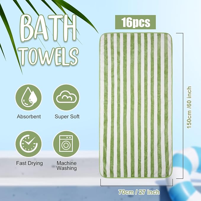 SmoothNovelty 16 Pack Microfiber Bath Towels Bulk 27'' x 60'' Oversized Size Bath Towel Highly Absorbent Extra Large Soft Drying for Beach Shower Summer Salon Sport Gym Party (Stripe,Green) - Image 2