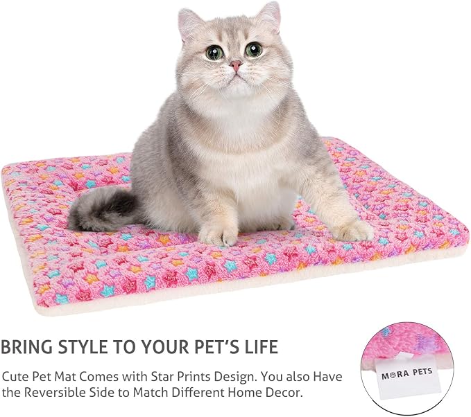 Mora Pets Cat Bed Dog Crate Pad Ultra Soft Pet Bed with Cute Star Print Washable Crate Mat for Small Dogs and Indoor Cats Reversible Fleece Dog Kennel Pad Cat Carrier Mat 14 x 17.5 inch Pink - Image 4
