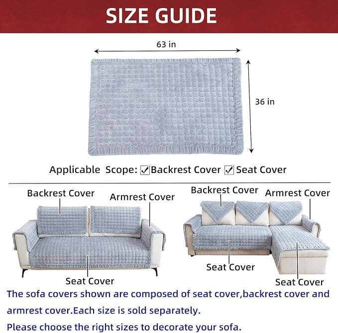 Couch Cover - Non Slip, Washable Sectional Sofa Covers for 3 Cushion L Shaped Couch, Velvet, Gray, 36''x63'' (Only 1 Piece) - Image 3