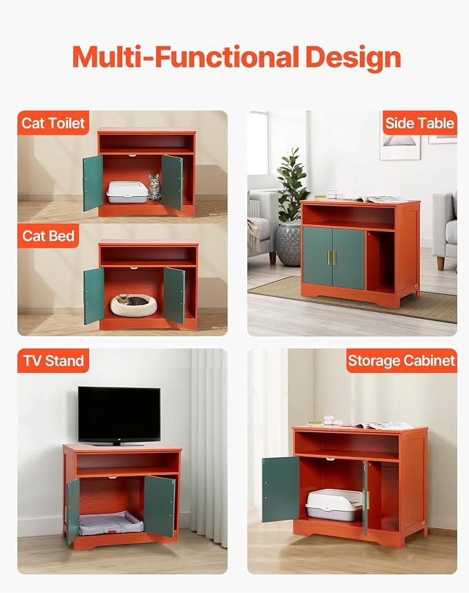 VEVOR Cat Litter Box Enclosure, 31 in Hidden Litter Box Cabinet with Shelf & Storage, Modern Style Indoor Cat Washroom, Wooden Kitty House Furniture End Table, Fit Most Litterboxes, Red & Green - Image 6