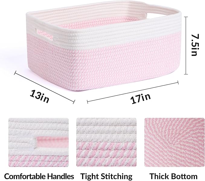 MiniArk Large Storage Baskets for Organizing, 17 x 13 x 7.5” Closet Shelf Baskets for Clothes Blanket Towels, Baby Nursery, Toy Bins Box, Woven Rope Baskets, 4 Packs Woven Pink - Image 2