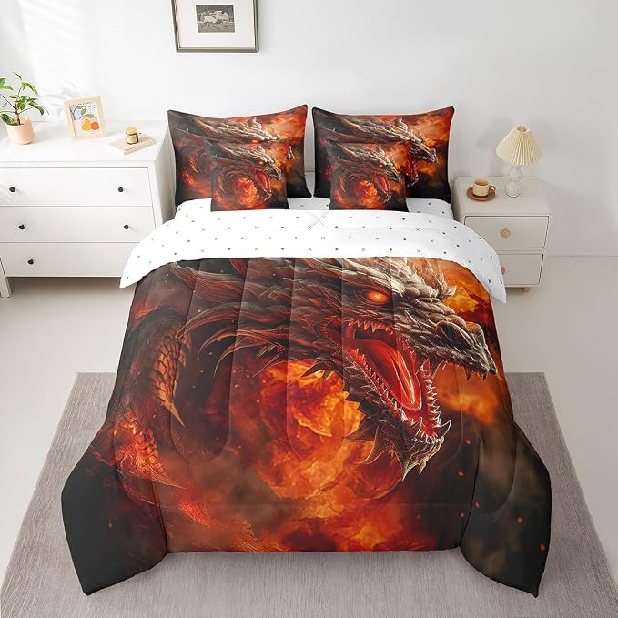 7 Pieces Comforter Set Twin Size, Red Fire Dragon Bedding Bed in a Bag With Flat and Fitted Sheets for Kids and Adults, 3D Fire Dragon Comforter Set With Pillowcases & Pillow Covers by Erosebridal