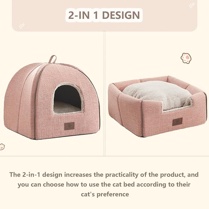 Cat Bed for Indoor Cats - Cat Cave Bed Cat House Cat Tent with Removable Washable Cushioned Pillow, Soft and Self Kitten beds,Cat Beds & Furniture, Pet Bed (Large, Pink) - Image 3