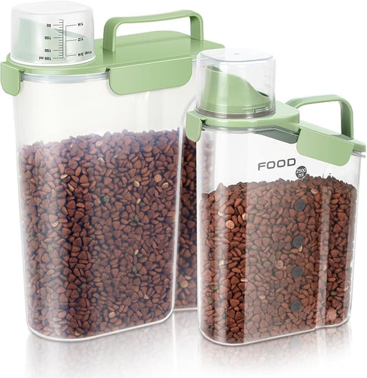 LEAWALK 5-7Lbs Dog Cat Food Storage Container with Upgraded Large Nozzle BPA-free, 4 Snap Seals Plastic Pet Food Storage Containers with Handles (Green x 2, (5L+3L) 2pack) by LEAWALK