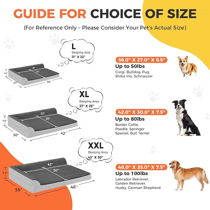 Dog Bed Large Sized Dogs, Orthopedic Dog Bed for Large Dogs, Waterproof Pet Bed with Washable Removable Cover, L-Shaped Pet Couch with Portable Handle 36"x27"x6.5", Grey Flannel - Image 4