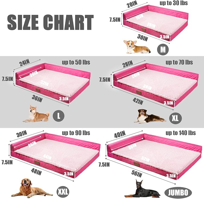 Patas Lague Orthopedic Extra Large Dog Bed Pet Sofa Beds 56''X40''Pink | L Bolster Egg-Crate Foam Dog Couch For Large Sized Dogs, Waterproof Removable Washable Cover, Pet Mat with Nonskid Bottom - Image 5