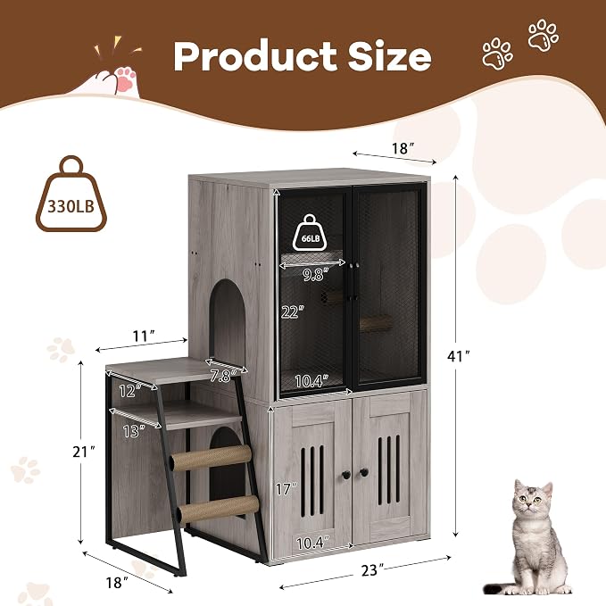 GarveeLife Cat Litter Box Enclosure with Doors, Double Cat House with Storage Space, Enclosed Litter Box Furniture with Ladder, Grey - Image 2