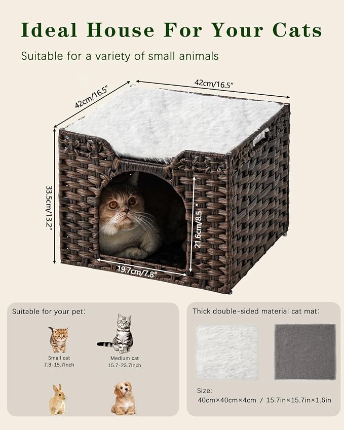 SETVSON Cat Beds Indoor Kitten House, Handwoven PE Rattan Cave, Brown | Double-Layer Rattan Pet Cube, Double-Sided Cushion Bed, Foldable Steel Frame, 2 S-Hooks, 16.5x16.5x13.2 In Hideaway - Image 6