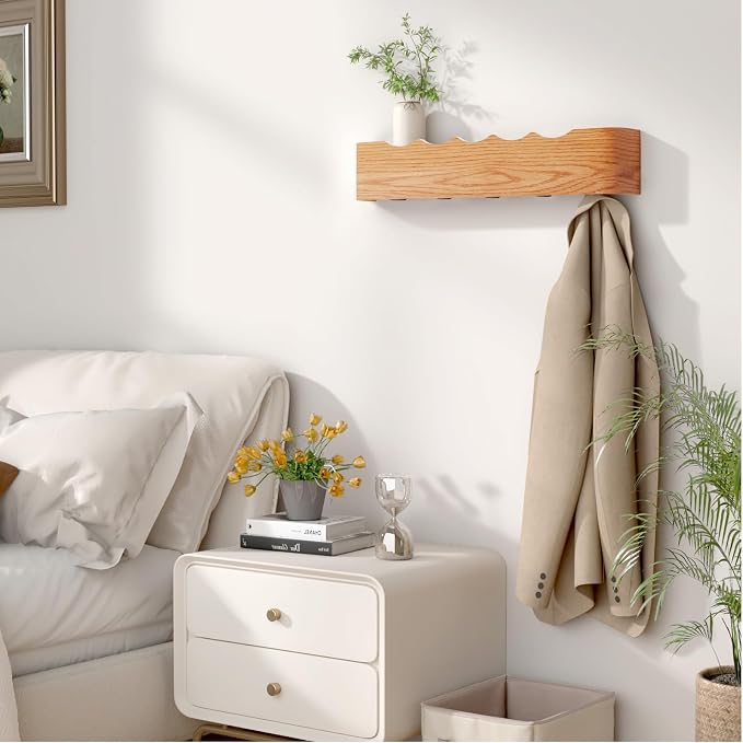 Wooden Wall Mounted Coat Rack with Shelf and Hidden Metal Hooks | Entryway Organizer For Coats, Bags And Keys, Modern Floating Shelf For Hallway And Bathroom Use - Image 8