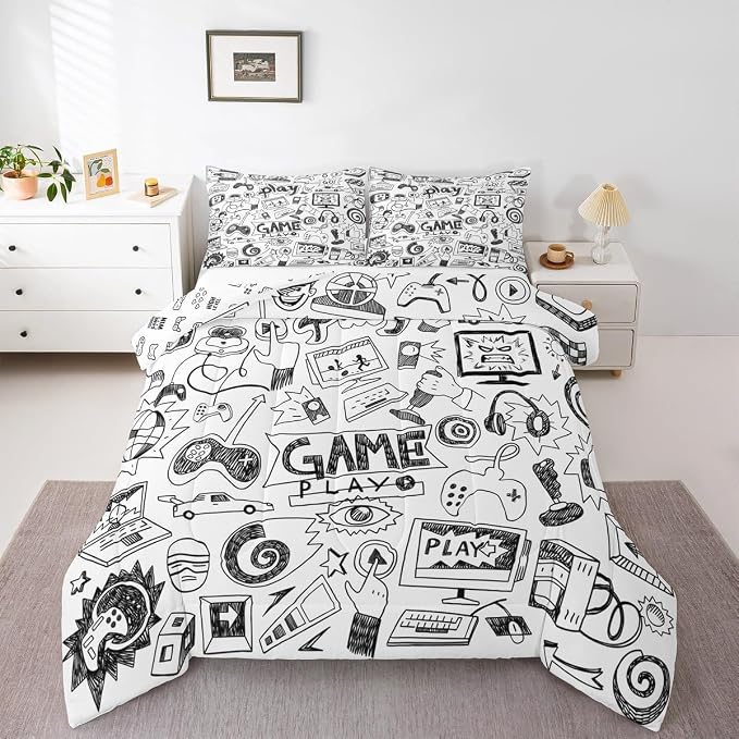 Erosebridal Gaming Comforter Set King, Kids Gamepad Cartoon Bedding Set Video Games Gamers Duvet Set Hip Hop Graffiti Quilt Set Racing Car Comforter Set, Black White Printed Bedroom Decor by Erosebridal