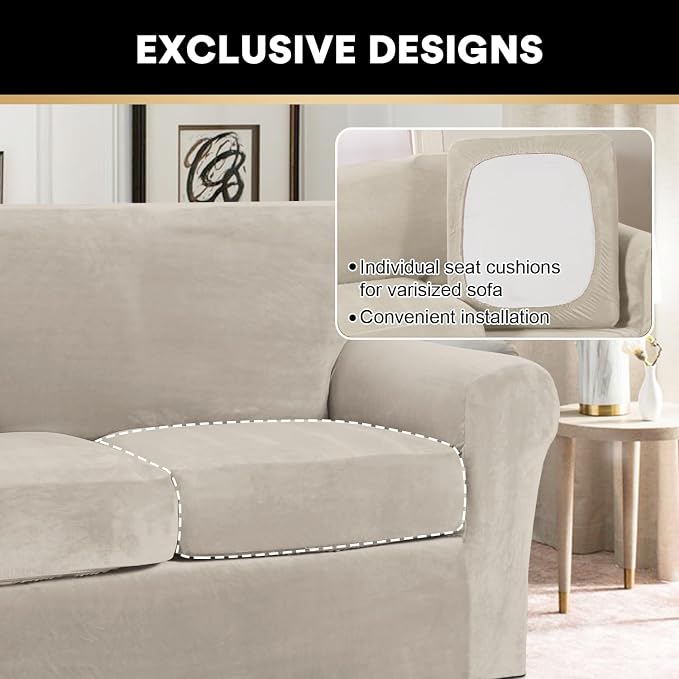 PrinceDeco Velvet Couch Covers for Sofa Soft 4 Pieces Couch Covers for 3 Cushion Couch Sofa Pet Friendly Furniture Protector with Non Slip Elastic Bottom Width Up to 97 Inch (Large Sofas, French Oak) - Image 3