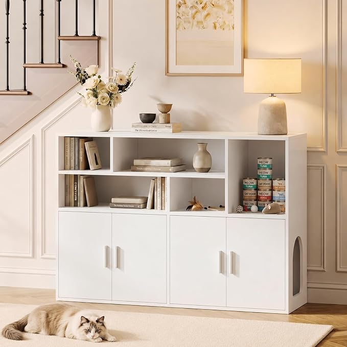 Amunrbrek Double Litter Box Enclosure, Hidden Cabinet with Storage, White | Pass-Through Design Makes Cats Feel Safe - Image 7