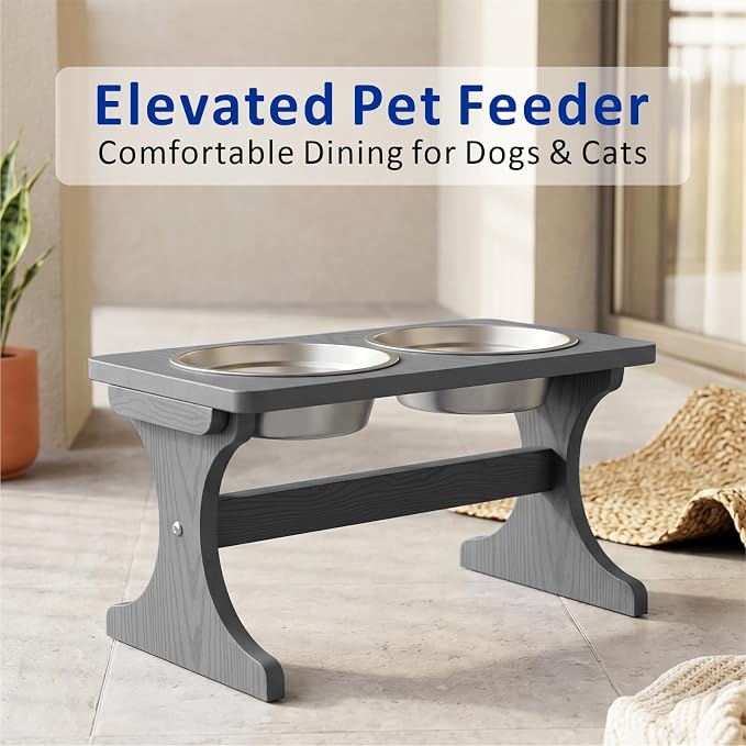 Raised Dog Bowl Stand for Medium Sized Breed, Feeding Station with 35 oz 2 Stainless Steel Bowls & Licking Plate,Dog Food Bowl Gray - Image 7