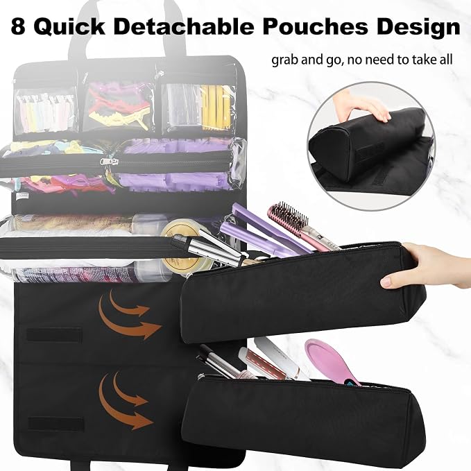 Hairstylist Travel Bag, Roll Up Cosmetology Traveling Case for Supplies | 8 Detachable Zipper Pouch, Heat Resistant Lining, Professional For Hairstylist Hairdresser Barber Esthetician - Image 4