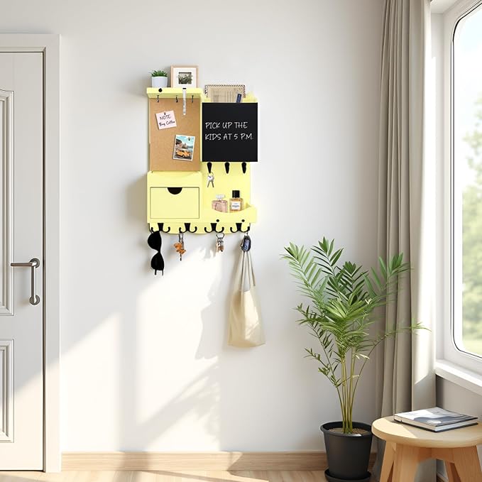 Key Holder Wall Mount， Mail Organizer Key Holder for Wall with Shelf, Drawer, Chalkboard, Corkboard, Home Decor Wall Mounted for Room Entryway (Ivory Yellow) - Image 5