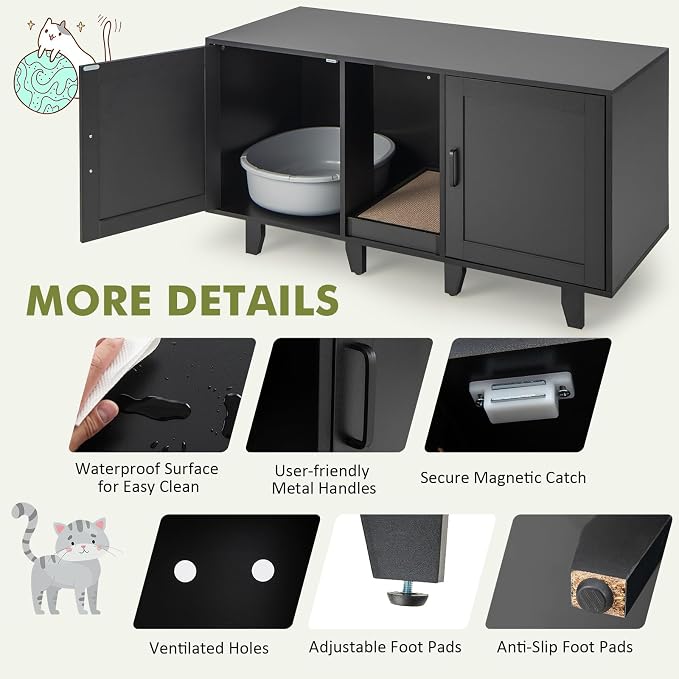 Tangkula Patented Double Cat Litter Box Enclosure for 2 Cats, Large Hidden Privacy Cat Washroom Cabinet with Scratching Board, Indoor Cat House TV Stand Side Table, Litter Box Furniture (Black) - Image 6