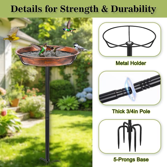 Gtongoko Metal Bird Bath for Outdoors, 34" Tall Bird Bath with 12" Removable Bowl, Heavy Duty 5-Prong Stable Base, Easy-to-Clean Heavy Duty Birdbath & Bird Feeder for Garden, Patio, Yard - Image 5