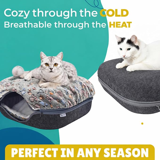 RINGTAIL Peekaboo Cat Cave Donut for Multiple & Large Cats Up to 30-45 lb, 3-in-1 Self Warming Cat Bed Tunnel with 2 Soft Fluffy Fleece Pet Blankets, Scratch, Detachable & Washable (Dark Gray, Large) - Image 4