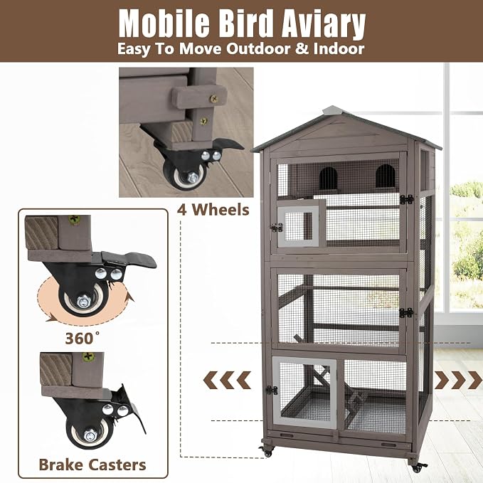 Ketive Flight Bird Cage Outdoor Large Wooden Bird Aviary Parrot Cage for Parakeet, Finches and Any Small Birds - Pull Out Wire Netting, Slide-Out Tray, 2 Perches, Nest House, 4 Wheels Include, Grey - Image 5