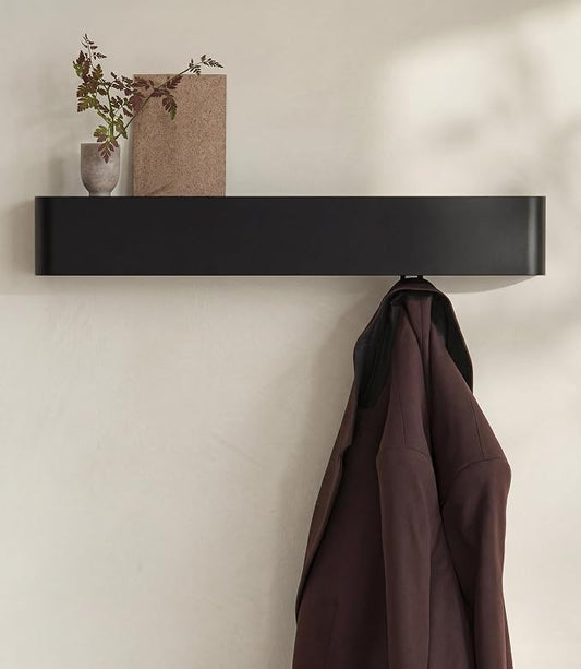 Kazai. Coat Rack Wall Mount with Shelf 'Tone' | Modern Design Coat Hanger with Hidden Hooks and Storage | Hat Rack with Shelf in Metal | Wall-Mounted Purse Organizer | Black by KAZAI